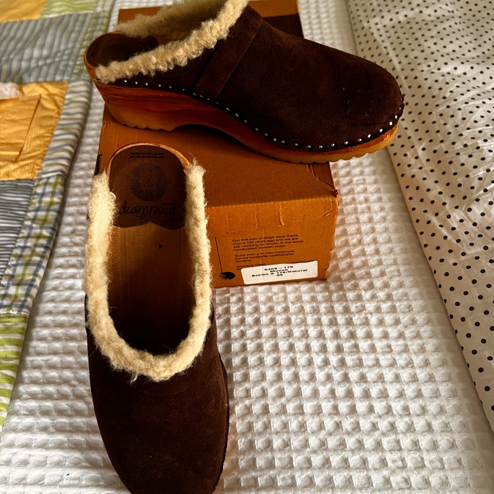 Brown Suede Shearling-Lined Mules